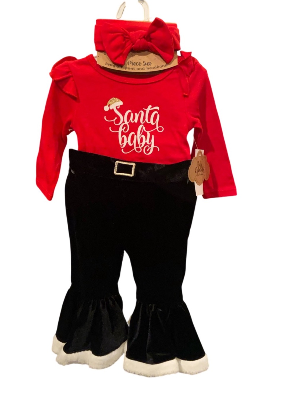 Santa Baby 3 piece Christmas Baby Outfit Top Black Velvet Pants Headband 6 mos